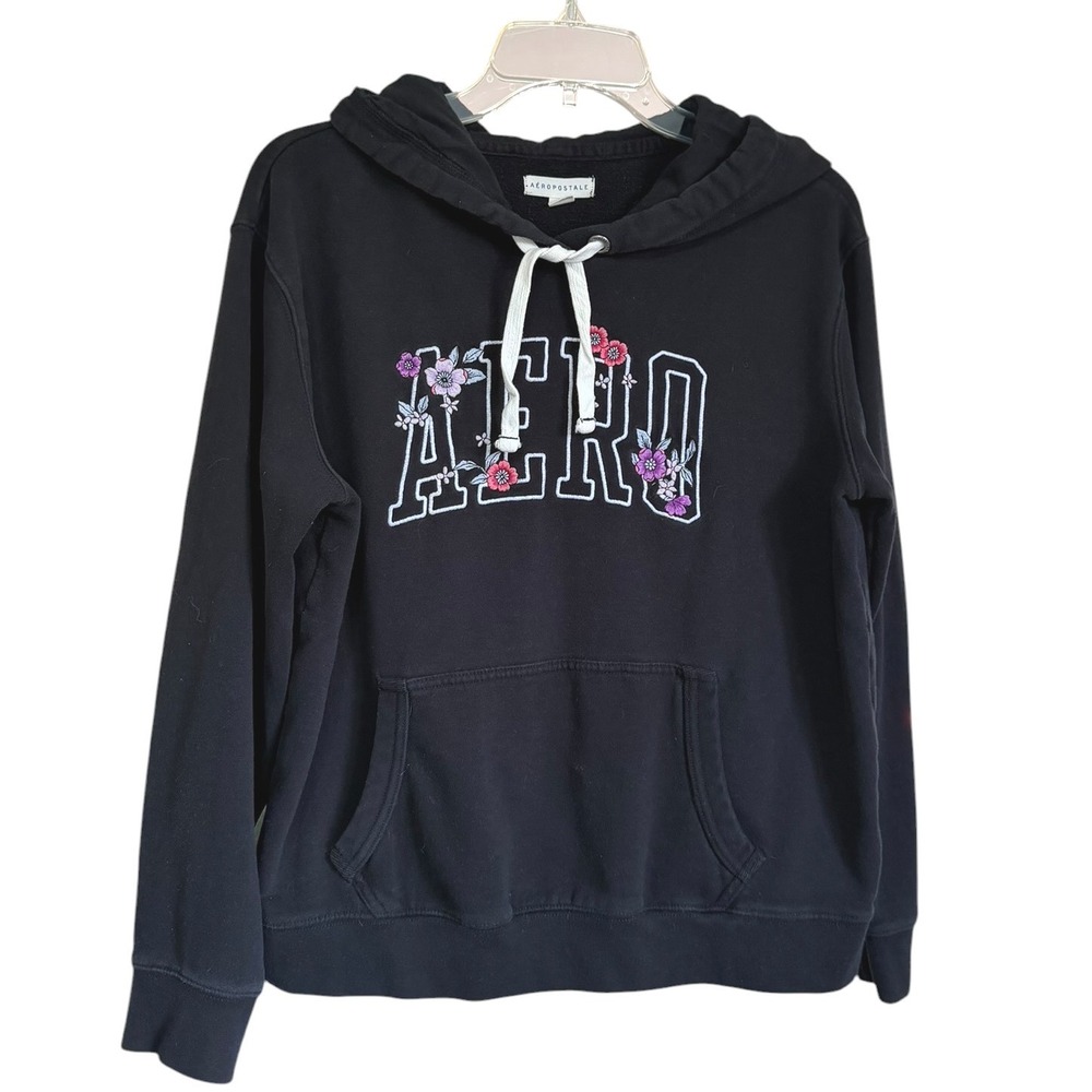 Aeropostale Womens Black Floral Embroidered Aero Logo Pullover Hoodie Large L